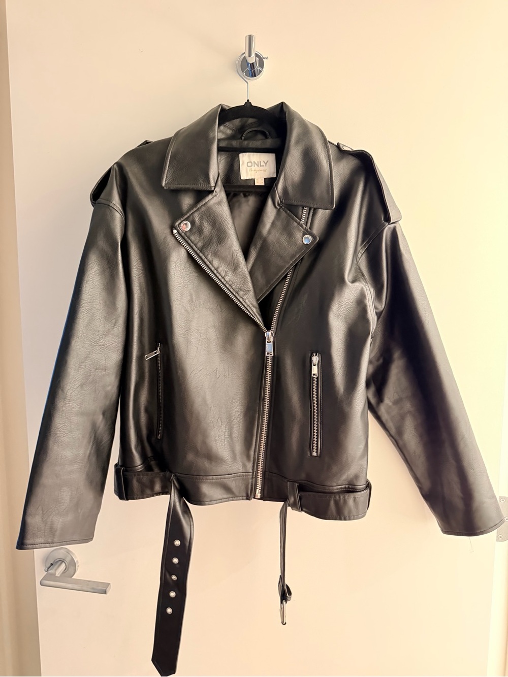 Only Oversized Black Faux Leather Biker Jacket with Belt - Small